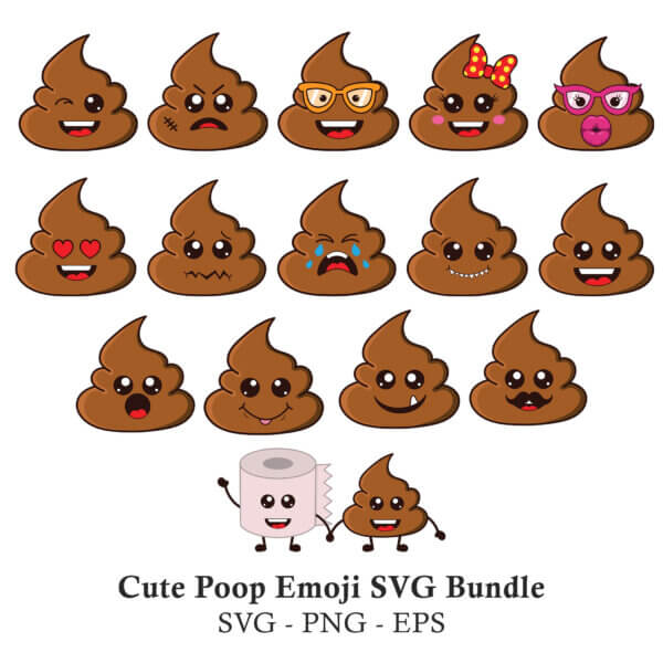 A Funny Poop Emoji SVG bundle featuring a collection of cute cartoon poo characters with various expressions, including one holding hands with a toilet paper rol
