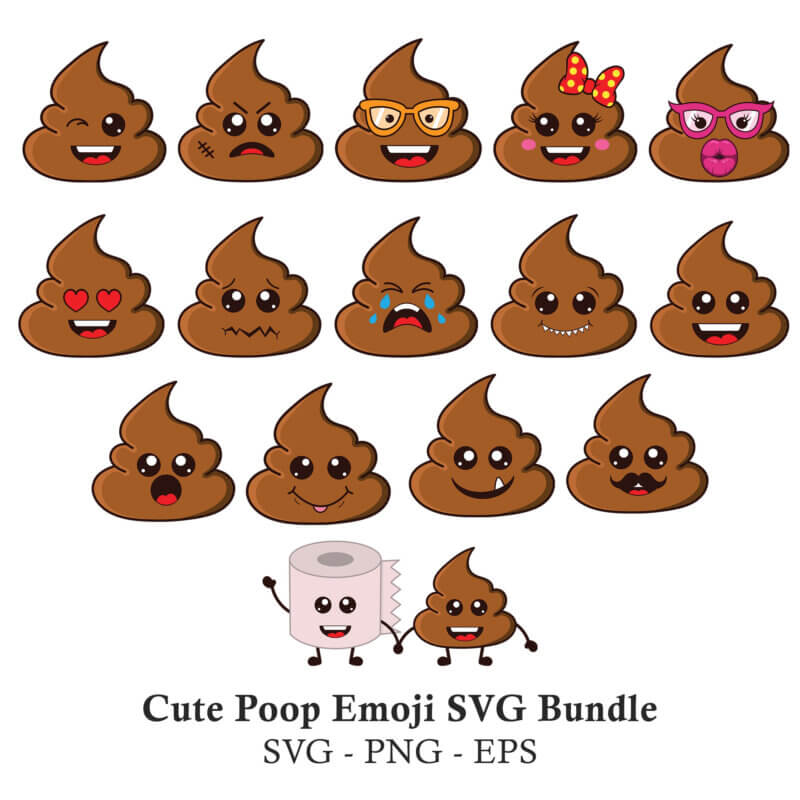 A Funny Poop Emoji SVG bundle featuring a collection of cute cartoon poo characters with various expressions, including one holding hands with a toilet paper rol
