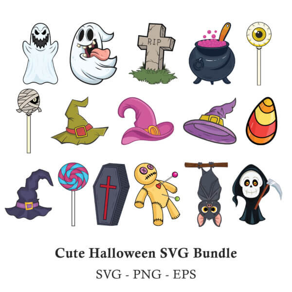 A Cute Halloween SVG bundle featuring a collection of spooky clipart including cartoon ghosts, a Grim Reaper, a voodoo doll, a bat, and witch hats, perfect for Halloween party decorations and crafts