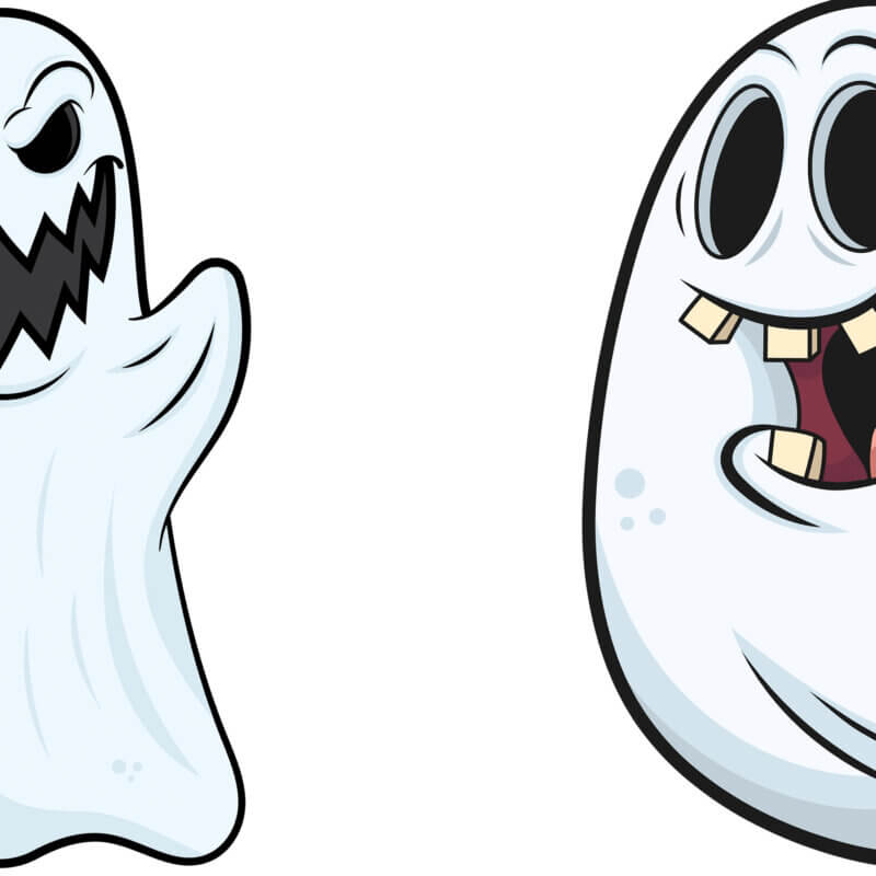 A Cute Halloween SVG bundle featuring a collection of spooky clipart including cartoon ghosts, a Grim Reaper, a voodoo doll, a bat, and witch hats, perfect for Halloween party decorations and crafts