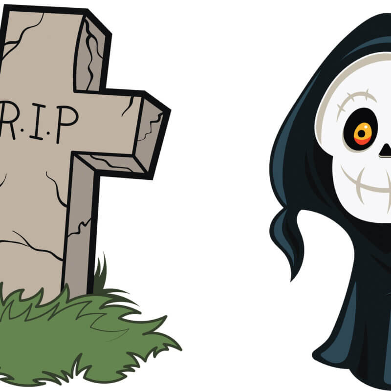 A Cute Halloween SVG bundle featuring a collection of spooky clipart including cartoon ghosts, a Grim Reaper, a voodoo doll, a bat, and witch hats, perfect for Halloween party decorations and crafts