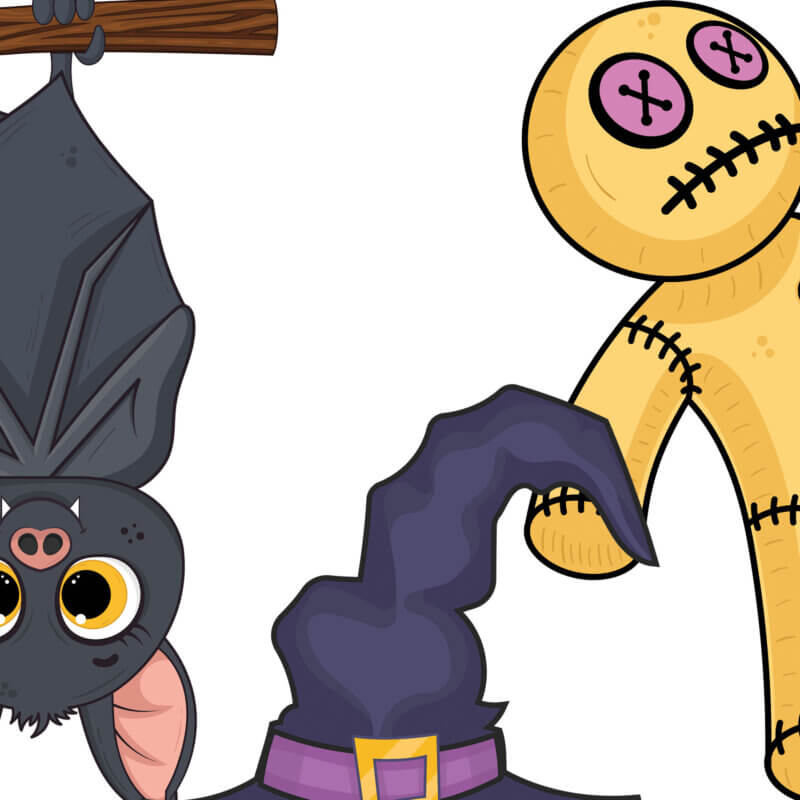 A Cute Halloween SVG bundle featuring a collection of spooky clipart including cartoon ghosts, a Grim Reaper, a voodoo doll, a bat, and witch hats, perfect for Halloween party decorations and crafts