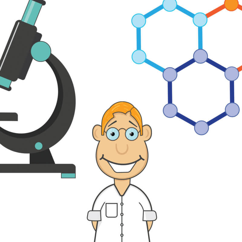 A large collection of cartoon science lab clipart for kids, featuring microscopes, chemistry beakers with bubbling liquids, DNA strands, atoms, and cute boy and girl scientist characters