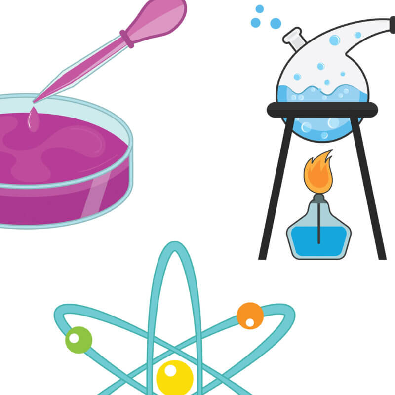 A Science Lab SVG bundle featuring a large collection of colorful cartoon clipart, including scientists, microscopes, chemistry beakers, and atoms, perfect for teacher resources and classroom decorations
