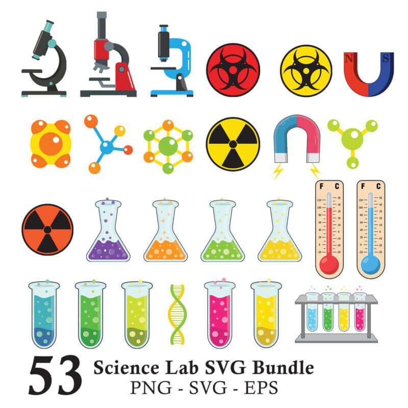 A Science Lab SVG bundle featuring a large collection of colorful cartoon clipart, including scientists, microscopes, chemistry beakers, and atoms, perfect for teacher resources and classroom decorations