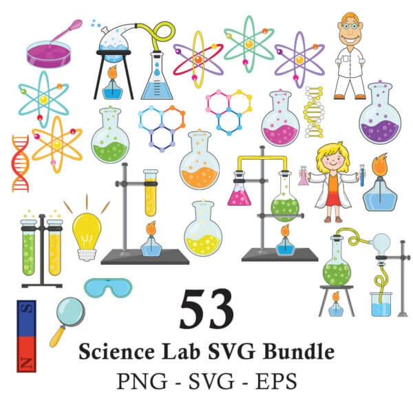 A Science Lab SVG bundle featuring a large collection of colorful cartoon clipart, including scientists, microscopes, chemistry beakers, and atoms, perfect for teacher resources and classroom decorations