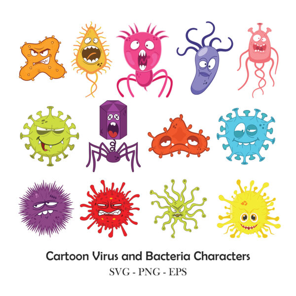 Collection of Cartoon Virus, Bacteria, and Germ Characters with Funny Faces