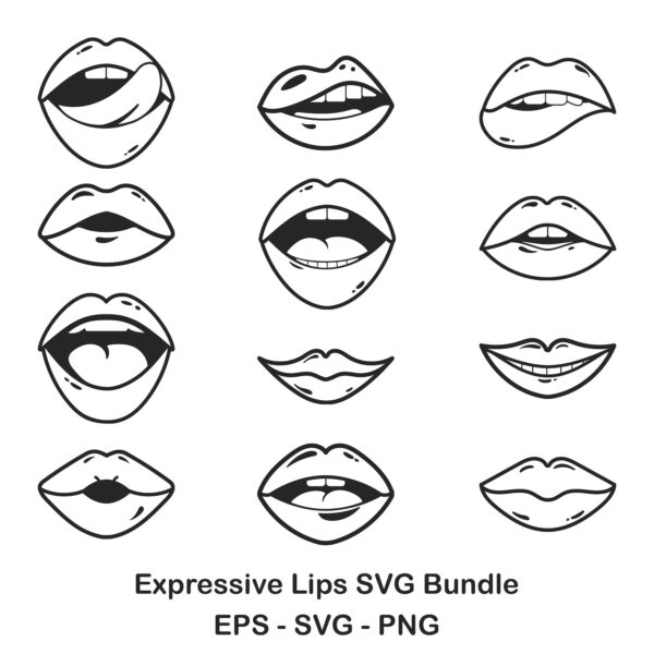 Hand-Drawn Lips PNG Set, Doodle Mouth Illustrations, Black and White Vector Graphics, Sexy & Cute Expressions for Stickers and Decals