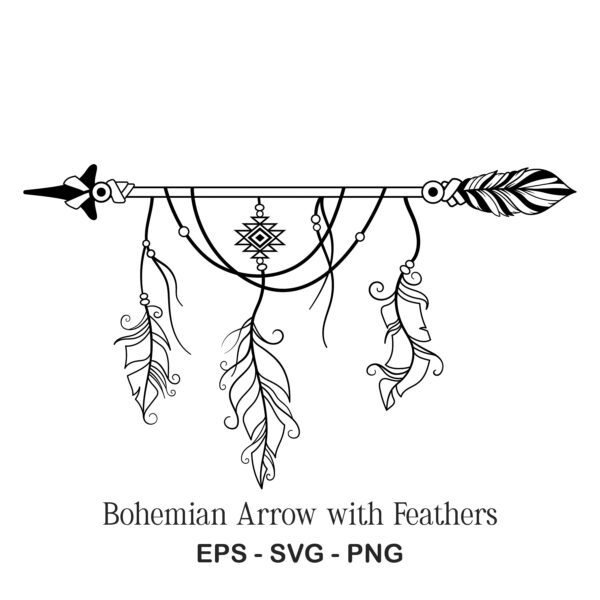 Boho Arrow SVG with Feathers, Aztec-Inspired Clipart, Bohemian Vector Graphic, Cricut Cut File for T-Shirt, Spiritual Tattoo Design