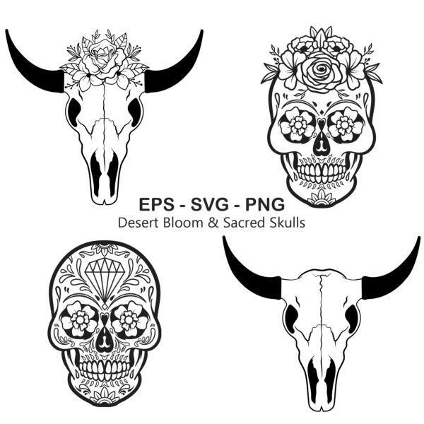 Boho Skull SVG Bundle, Sugar Skull & Bull Skull Clipart, Western Floral Cow Skull, Day of the Dead SVG, Cricut Cut Files for T-Shirt