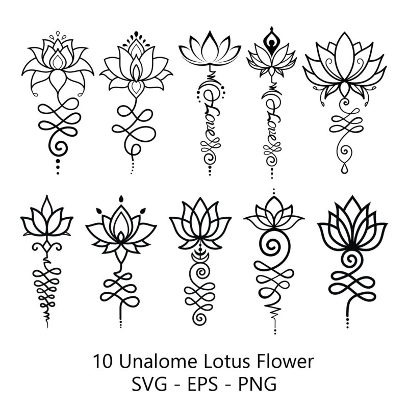 A collection of 10 different Unalome lotus flower tattoo designs in black and white line art