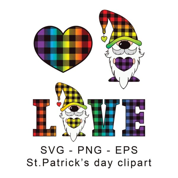St. Patrick's Day Gnome SVG design featuring a cute gnome, the word LOVE, and a heart, all decorated with a vibrant rainbow plaid pattern