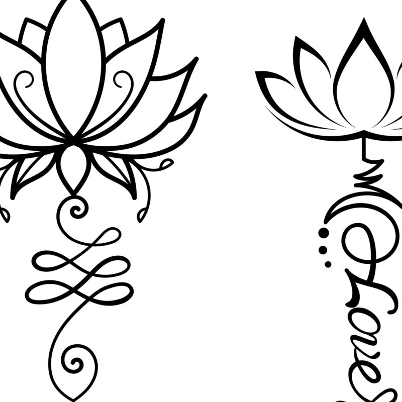 A collection of 10 different Unalome lotus flower tattoo designs in black and white line art