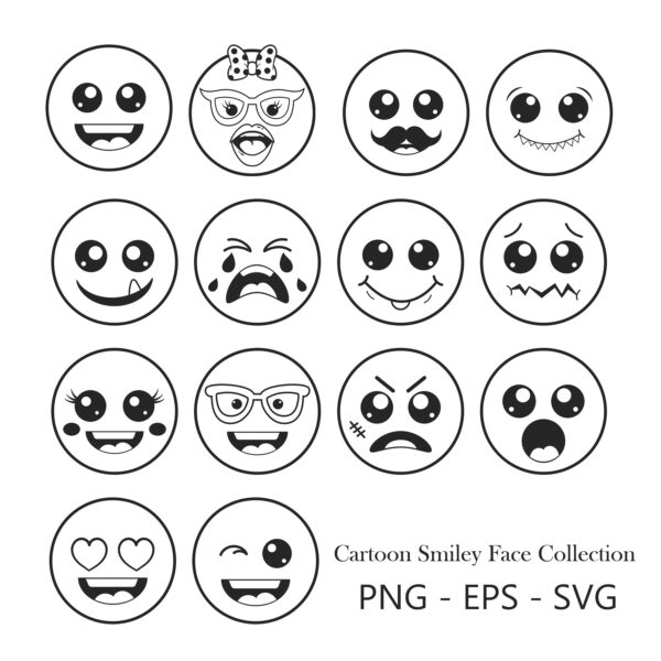 Cute Kawaii Emoji Icon Set - Black and White Line Art