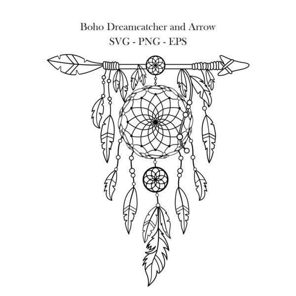 Bohemian Style Dreamcatcher and Arrow for Coloring or Tattoo Design