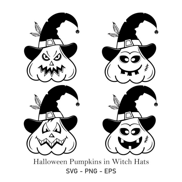 A set of four Halloween jack-o'-lanterns, each wearing a witch hat. Two pumpkins have scary, angry faces, and two have goofy, smiling faces. The illustration is in black and white