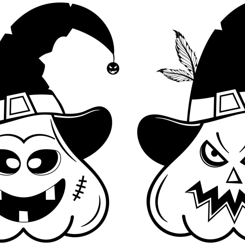 A set of four Halloween jack-o'-lanterns, each wearing a witch hat. Two pumpkins have scary, angry faces, and two have goofy, smiling faces. The illustration is in black and white