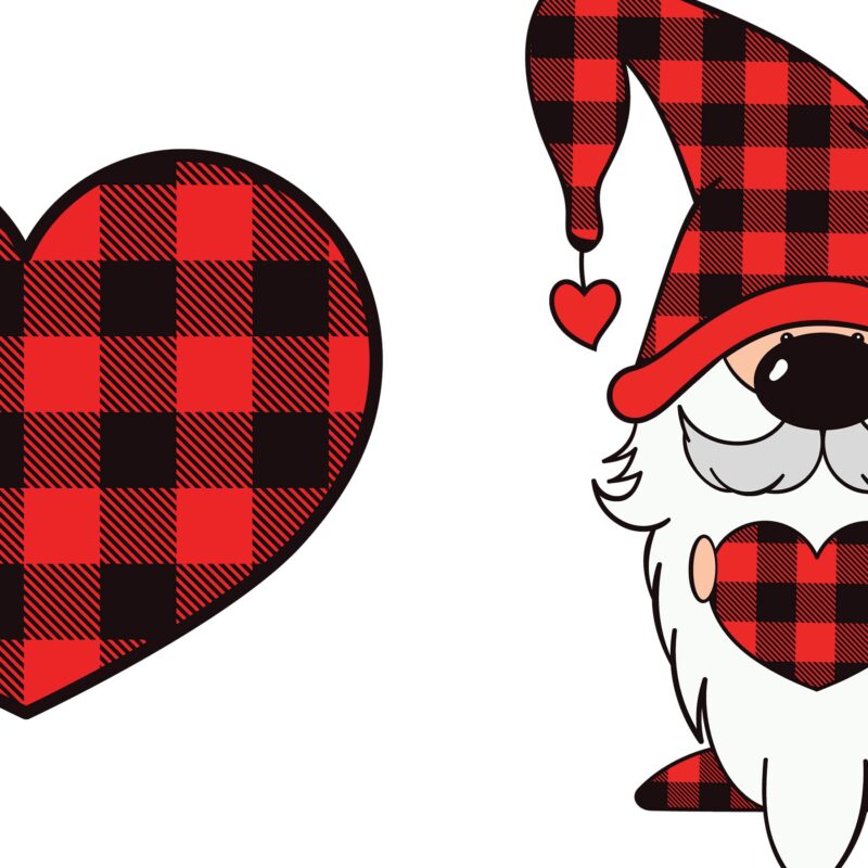 St. Patrick's Day Gnome SVG design featuring a cute gnome, the word LOVE, and a heart, all decorated with a vibrant rainbow plaid pattern