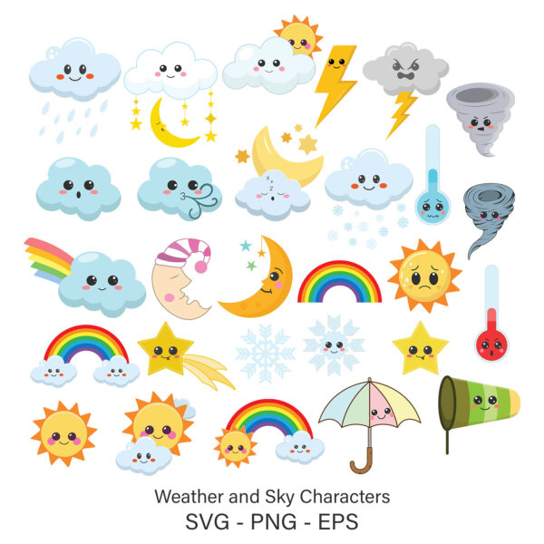 A large collection of cute, kawaii-style weather and sky characters, all with expressive faces and set against a white background. The set includes a variety of illustrations such as: happy and sad suns; smiling, raining, windy, and angry storm clouds; crescent moons, including one wearing a sleeping cap; smiling stars and a shooting star; angry tornadoes; rainbows; snowflakes; and weather instruments like hot and cold thermometers, a windsock, and an umbrella, all personified with cute faces