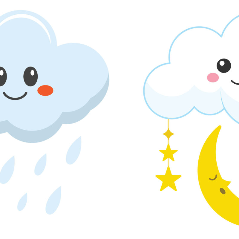 A large collection of cute, kawaii-style weather and sky characters, all with expressive faces and set against a white background. The set includes a variety of illustrations such as: happy and sad suns; smiling, raining, windy, and angry storm clouds; crescent moons, including one wearing a sleeping cap; smiling stars and a shooting star; angry tornadoes; rainbows; snowflakes; and weather instruments like hot and cold thermometers, a windsock, and an umbrella, all personified with cute faces