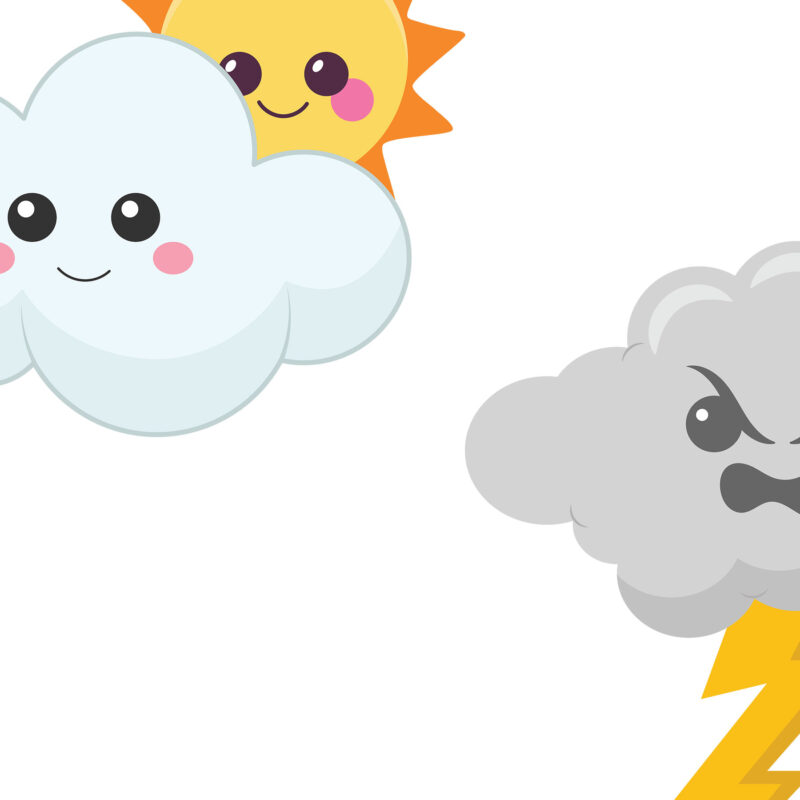 A large collection of cute, kawaii-style weather and sky characters, all with expressive faces and set against a white background. The set includes a variety of illustrations such as: happy and sad suns; smiling, raining, windy, and angry storm clouds; crescent moons, including one wearing a sleeping cap; smiling stars and a shooting star; angry tornadoes; rainbows; snowflakes; and weather instruments like hot and cold thermometers, a windsock, and an umbrella, all personified with cute faces