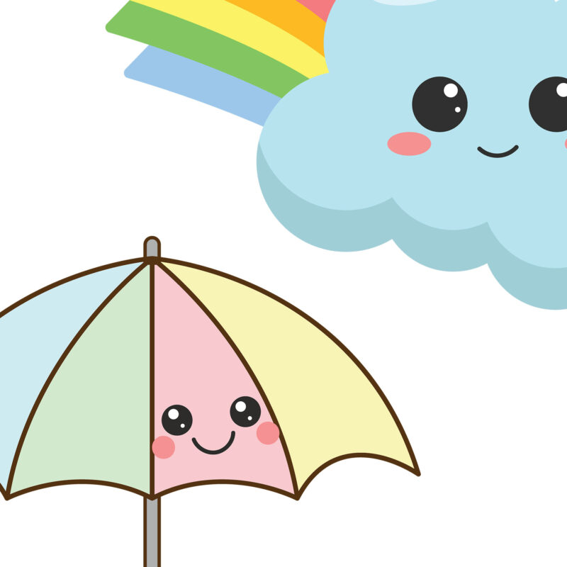 A large collection of cute, kawaii-style weather and sky characters, all with expressive faces and set against a white background. The set includes a variety of illustrations such as: happy and sad suns; smiling, raining, windy, and angry storm clouds; crescent moons, including one wearing a sleeping cap; smiling stars and a shooting star; angry tornadoes; rainbows; snowflakes; and weather instruments like hot and cold thermometers, a windsock, and an umbrella, all personified with cute faces