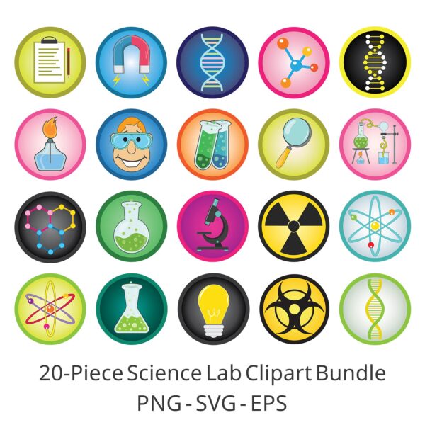 A grid of 20 colorful, circular science lab clipart icons. Text below reads: "20 Science Lab clipart bundle, PNG - SVG - EPS". The icons include a microscope, DNA helix, atom, test tubes, and a biohazard symbol.